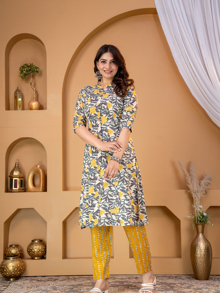 Yellow Floral Rayon Kurta Palazzo Set for Women