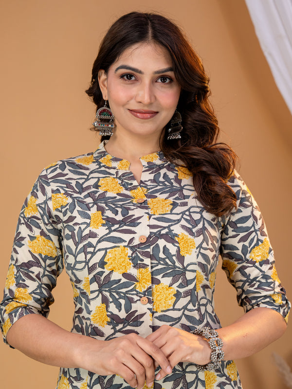 Yellow Floral Rayon Kurta Palazzo Set for Women