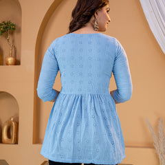 Women Sky Blue Cotton Schiffli Peplum Top | Casual Stylish Tunic