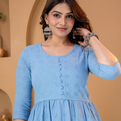 Women Sky Blue Cotton Schiffli Peplum Top | Casual Stylish Tunic