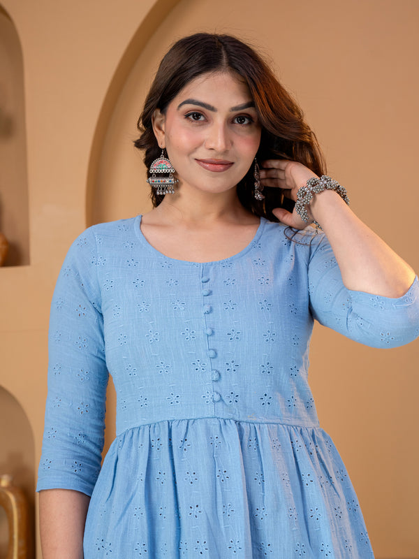 Women Sky Blue Cotton Schiffli Peplum Top | Casual Stylish Tunic