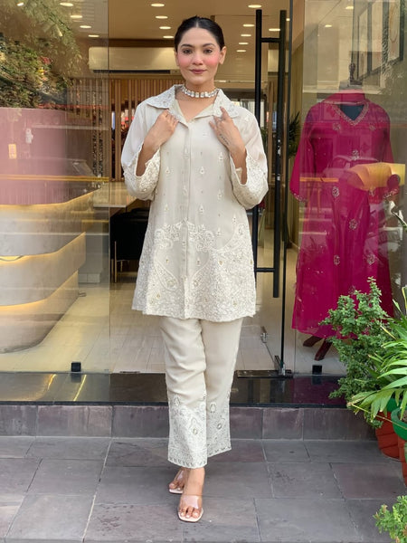 Women's White Chanderi Silk Co-ord Set