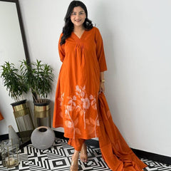 Women's Peach Cotton Suit Set with Dupatta