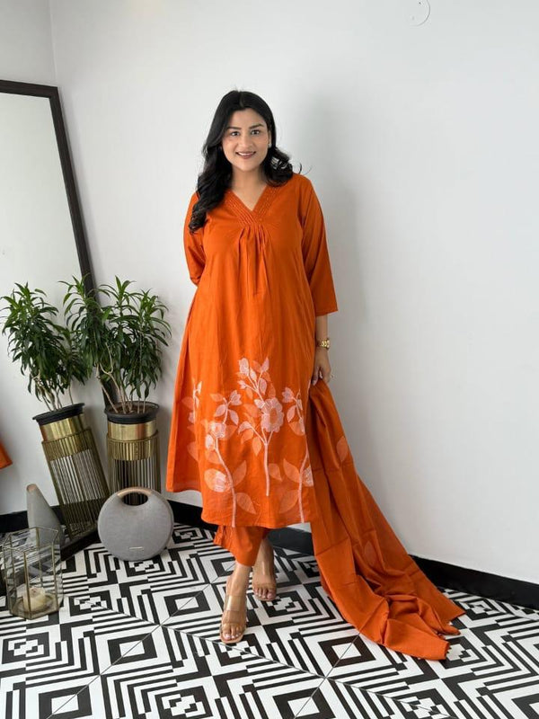 Women's Peach Cotton Suit Set with Dupatta