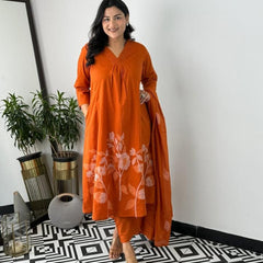 Women's Peach Pure Cotton Suit Set with Dupatta