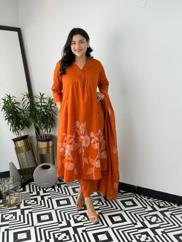 Women's Peach Pure Cotton Suit Set with Dupatta