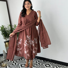 Women's Brown Pure Cotton Suit Set with Dupatta