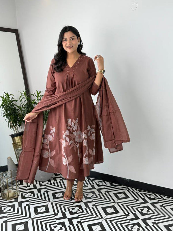 Women's Brown Pure Cotton Suit Set with Dupatta