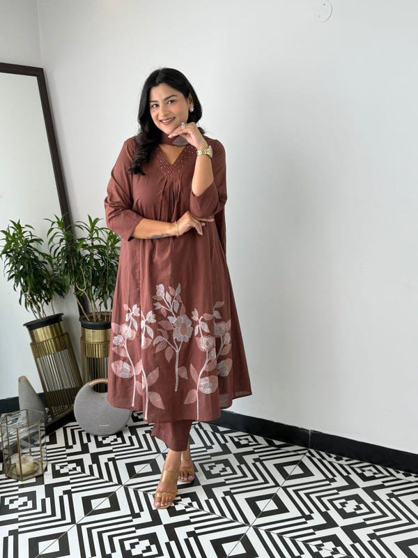  Brown Pure Cotton Suit Set with Dupatta