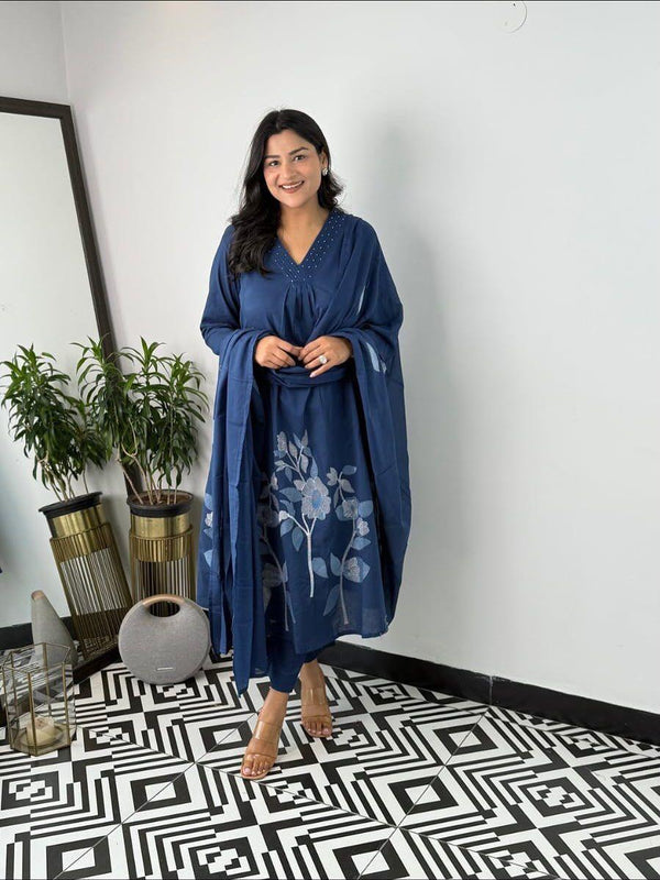 Women's Indigo Pure Cotton Suit Set with Dupatta