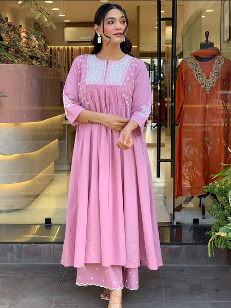 Women's Pink Embroidered Pure Cotton Suit Set for Elegant Daily & Casual Wear