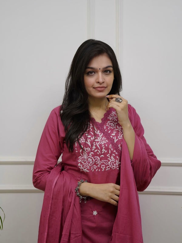 Women's Embroidered Pink Cotton Suit Set