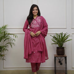 Women's Embroidered Pink Cotton Suit Set
