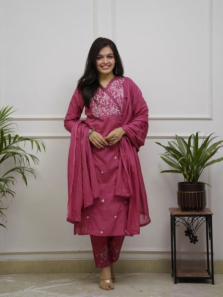 Women's Embroidered Pink Cotton Suit Set