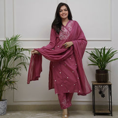 Women's Embroidered Pink Cotton Suit Set