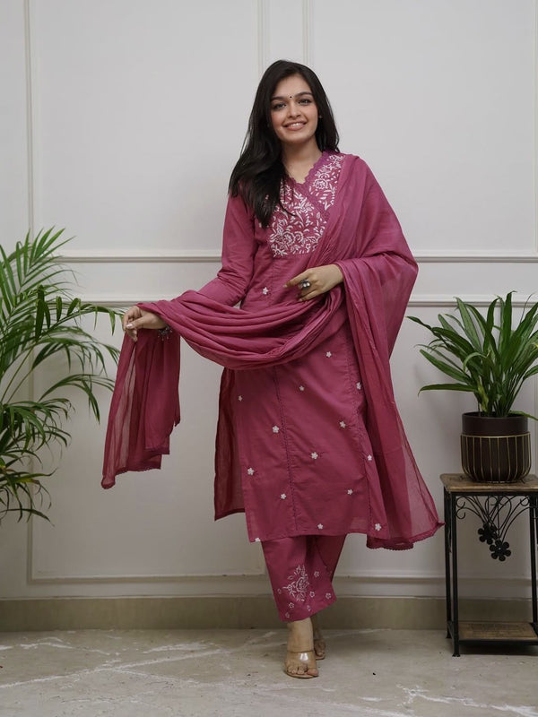 Women's Embroidered Pink Cotton Suit Set