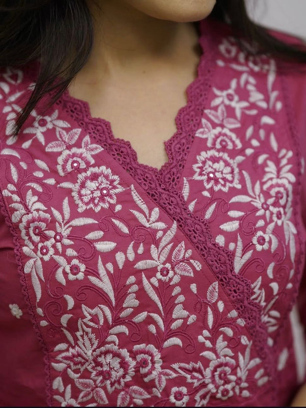 Women's Embroidered Pink Cotton Suit Set