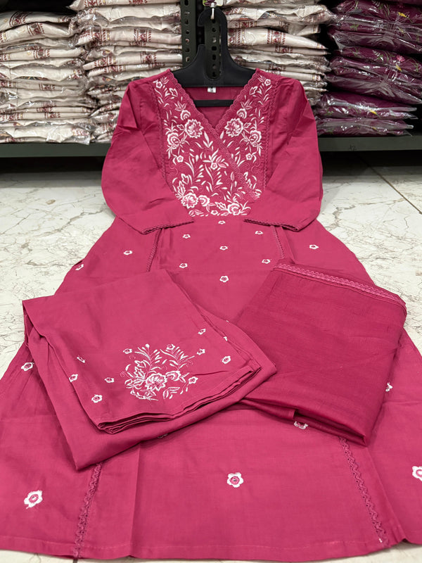 Women's Embroidered Pink Cotton Suit Set
