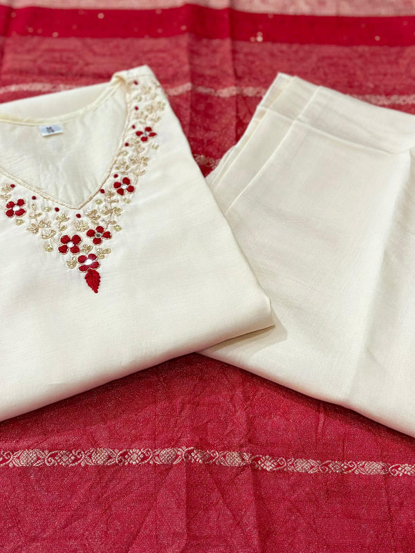 Graceful Silk Embroidered Suit Set Offwhite