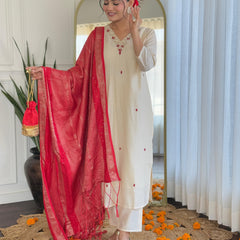 Graceful Silk Embroidered Suit Set Offwhite