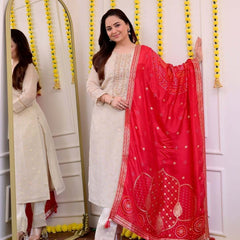 Off White Jequard Silk Festive Suit Set