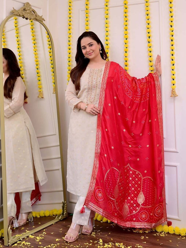 Off White Jequard Silk Festive Suit Set