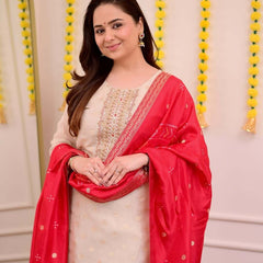 Off White Jequard Silk Festive Suit Set