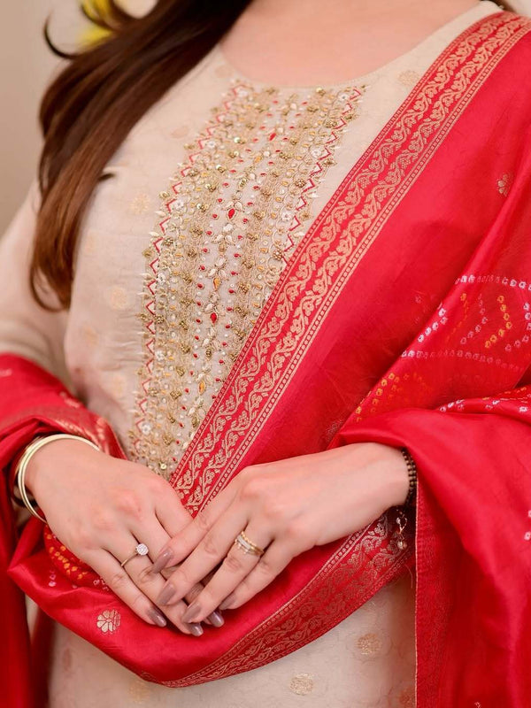 Off White Jequard Silk Festive Suit Set