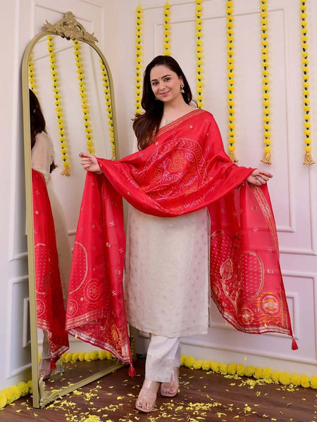 Off White Jequard Silk Festive Suit Set