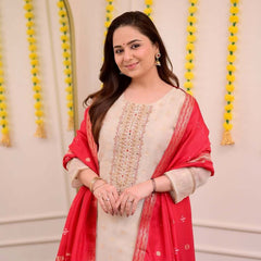 Off White Jequard Silk Festive Suit Set