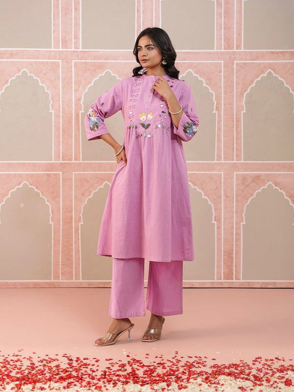 Baby Pink Embroidered Cotton Flex Kurta Pant Set