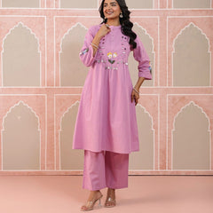 Baby Pink Embroidered Cotton Flex Kurta Pant Set
