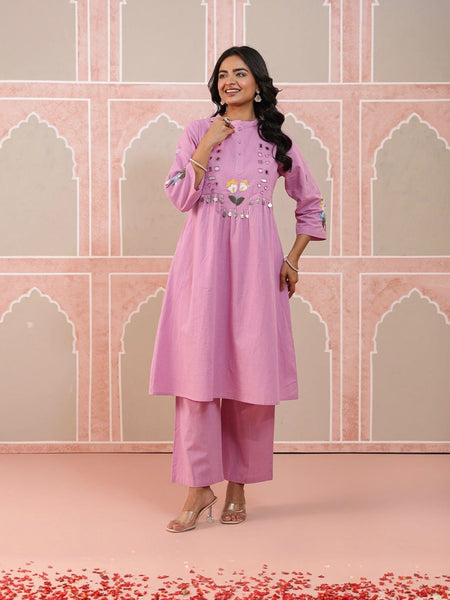Baby Pink Embroidered Cotton Flex Kurta Pant Set