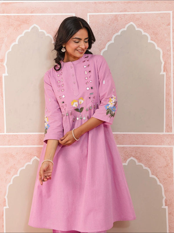 Baby Pink Embroidered Cotton Flex Kurta Pant Set