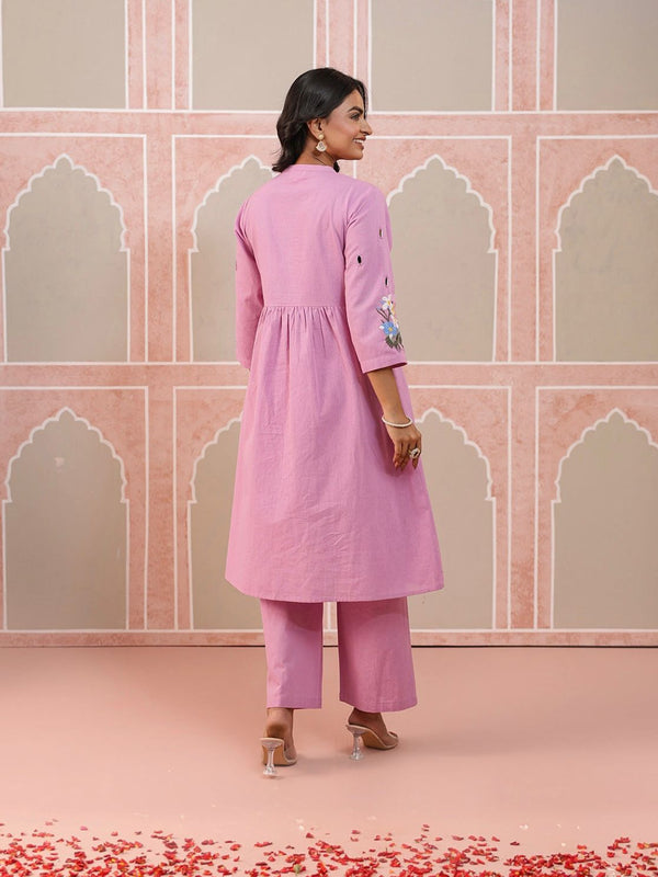 Baby Pink Embroidered Cotton Flex Kurta Pant Set