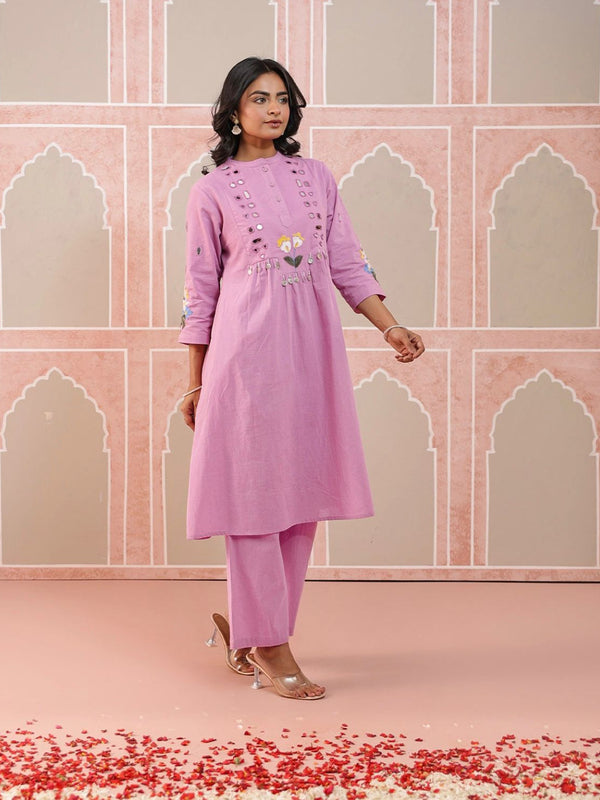 Baby Pink Embroidered Cotton Flex Kurta Pant Set