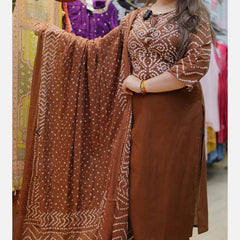 Brown Bandhani Print Pure Cotton Suit Set with Dupatta