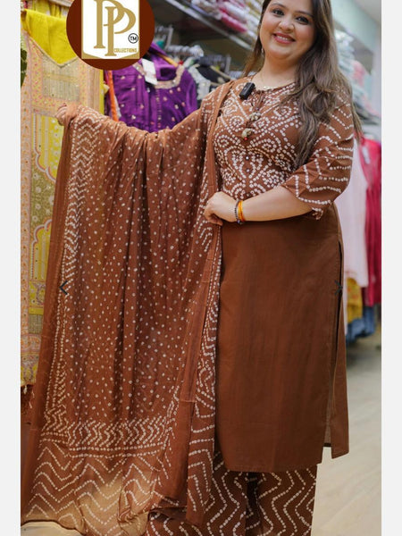 Brown Bandhani Print Pure Cotton Suit Set with Dupatta