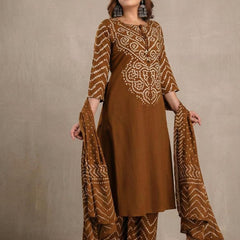 Brown Bandhani Print Pure Cotton Suit Set with Dupatta