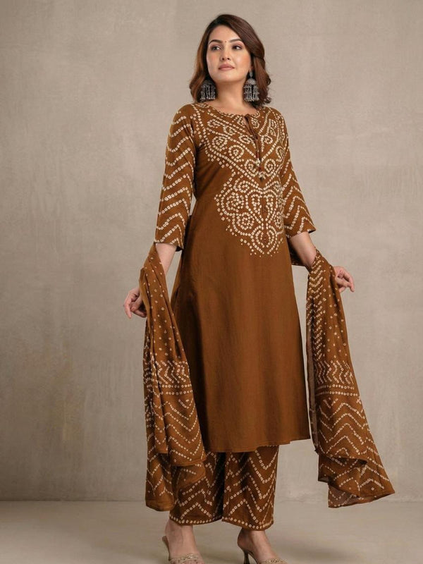 Brown Bandhani Print Pure Cotton Suit Set with Dupatta
