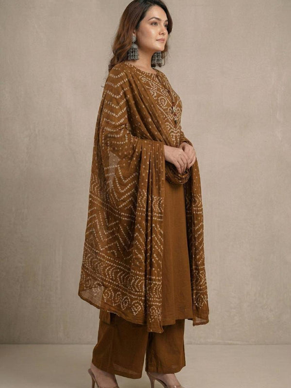 Brown Bandhani Print Pure Cotton Suit Set with Dupatta