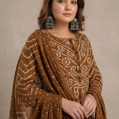 Brown Bandhani Print Pure Cotton Suit Set with Dupatta
