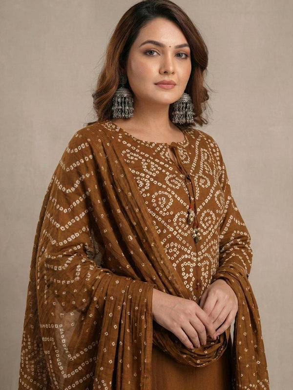 Brown Bandhani Print Pure Cotton Suit Set with Dupatta