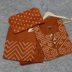Brown Bandhani Print Pure Cotton Suit Set with Dupatta