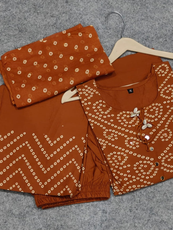 Brown Bandhani Print Pure Cotton Suit Set with Dupatta