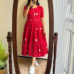 Pink Printed Tiered Cotton Midi Dress for Women