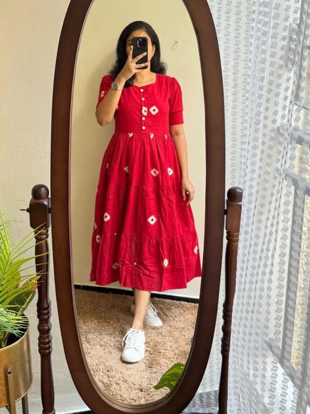 Pink Printed Tiered Cotton Midi Dress for Women