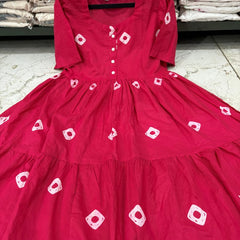 Pink Printed Tiered Cotton Midi Dress for Women