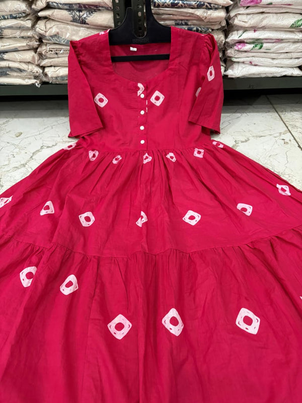 Pink Printed Tiered Cotton Midi Dress for Women