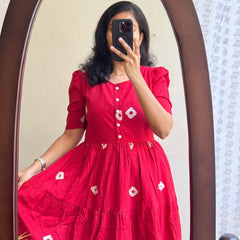 Pink Printed Tiered Cotton Midi Dress for Women